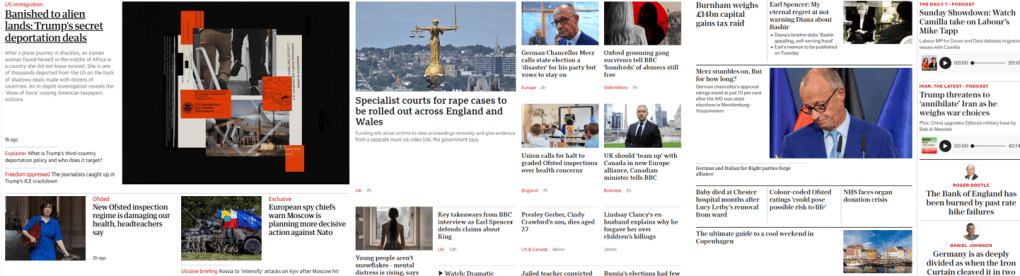 A collage of news articles featuring various headlines about political events, social issues, and international relations, including topics like Trump's deportation deals and UK political updates.