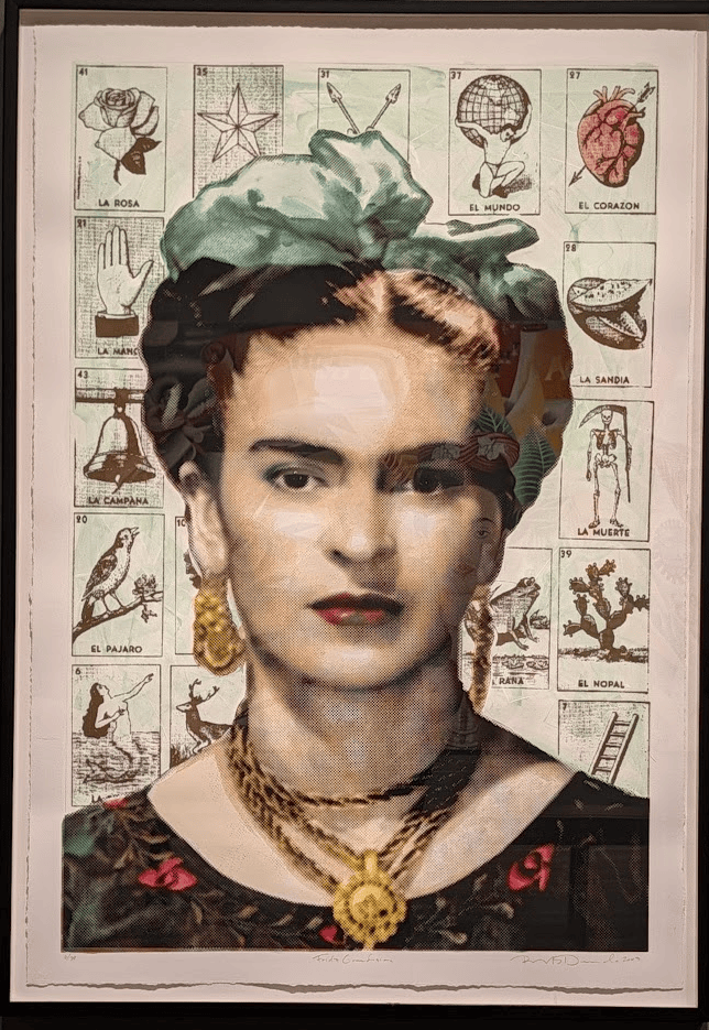 A stylized portrait of a woman with dark hair and traditional attire, adorned with jewelry, set against a backdrop featuring illustrated playing cards with Spanish labels.